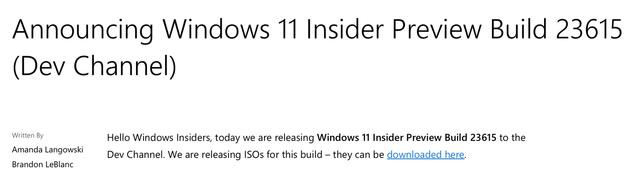 Win11 Dev 预览版 Build 23615今日发布(附更新内容汇总)