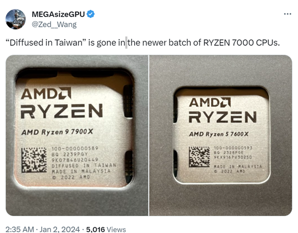 AMD处理器表面全部删除“Taiwan”字样！原因没想到