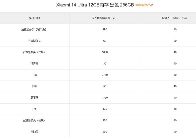 小米14 Ultra维修价格出炉：换主板2730元