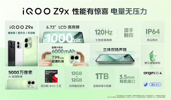 亮度最高的LCD屏手机！iQOO Z9x发布：1149元起