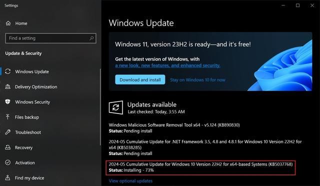 Win10 5月累积更新KB5037768推送: 修复蓝屏等BUG