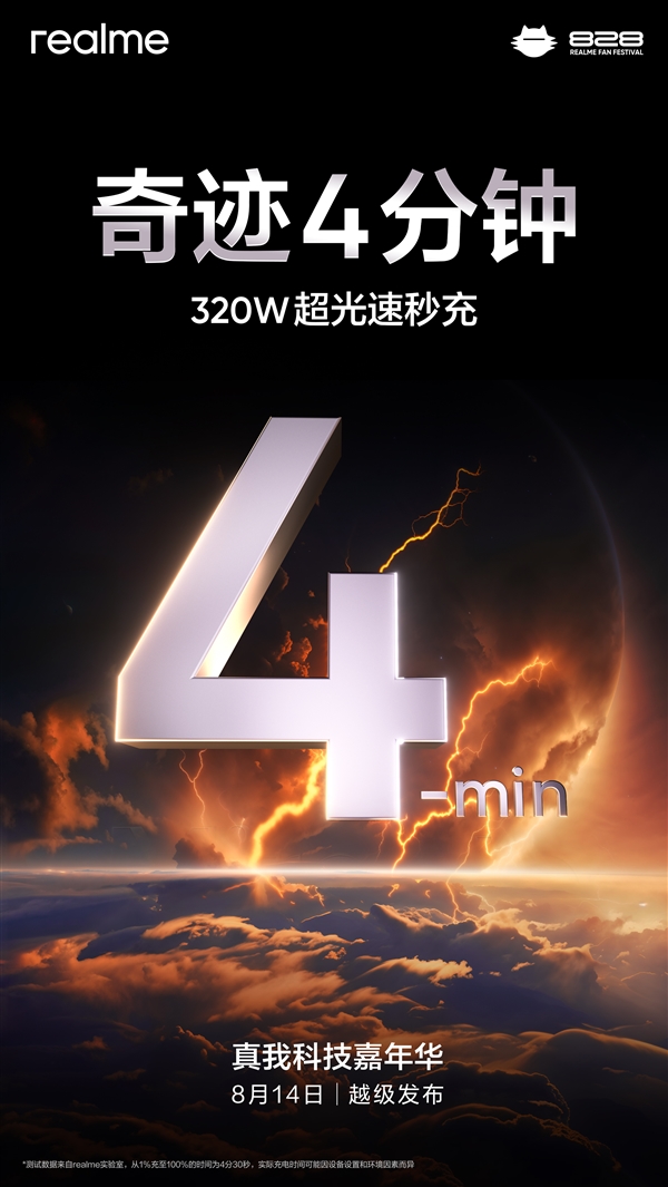 真我320W闪充今天发布！官宣4分钟充满