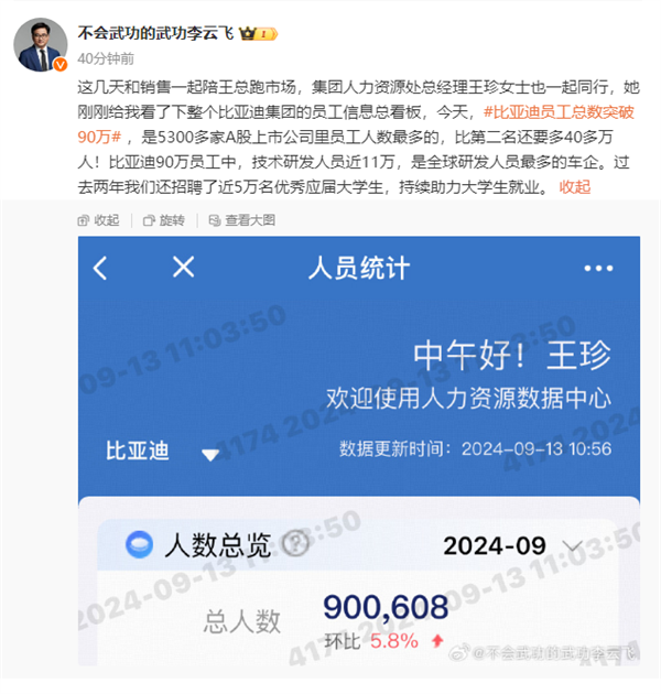 比亚迪员工总数突破90万！技术人员近11万全球车企最多