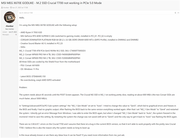 AMD X670E主板诡异Bug：PCIe5.0 SSD突然变PCIe1.0！死机无法启动