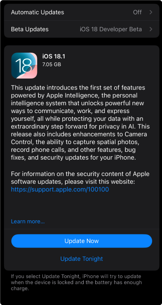 苹果发布iOS 18.1准正式版升级！紧急修复iPhone 16系列随机重启Bug