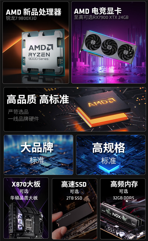 顶配1.5万！AMD官方锐龙7 9800X3D主机开卖：可选RTX 40