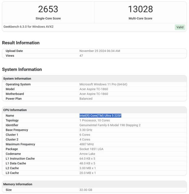 Core Ultra 5 225F处理器跑分曝光 整体性能媲美Core i5-13600