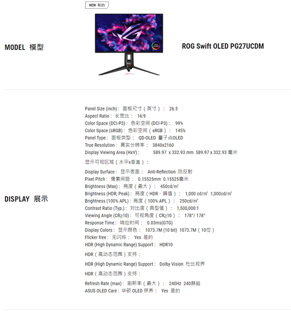 终于等来了！华硕ROG推出全球首款27寸4K 240Hz OLED电竞显示器PG27UCDM