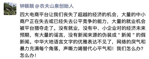 钟睒睒炮轰四大电商平台：让更多的人失业、中小经营户的“周扒皮”