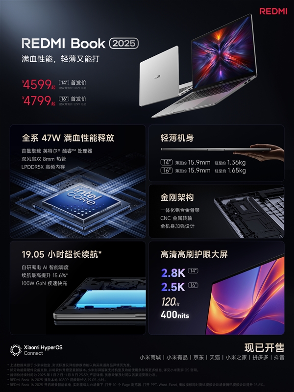 REDMI Book 2025笔记本发布：首发新酷睿5 220H、14寸4599元起