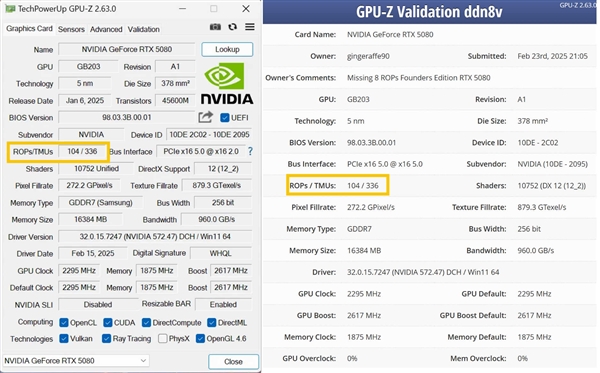 闹大了！第一次发现 RTX 5080也丢了8个ROP单元