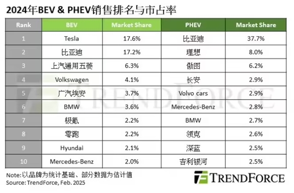 2024全球新能源销量榜：特斯拉、比亚迪分别夺得纯电与插混冠军